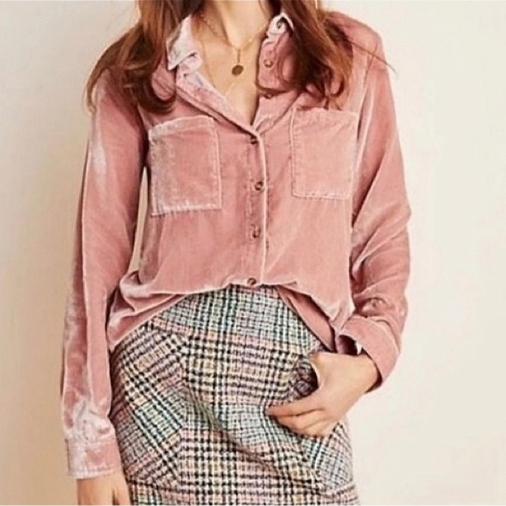 Anthropologie Pink Velvet Button Down Shirt